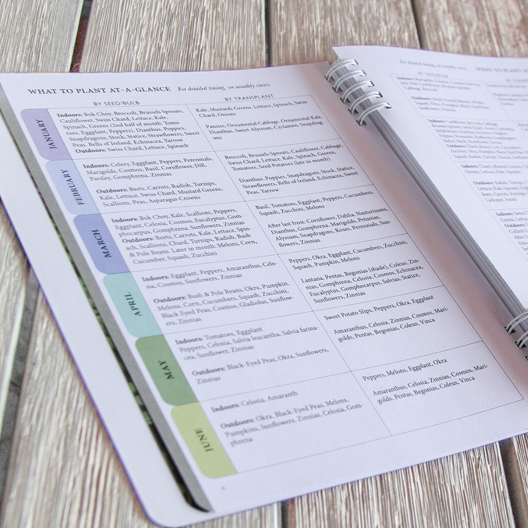 Open Texas garden planner with gardening schedule on a wooden surface