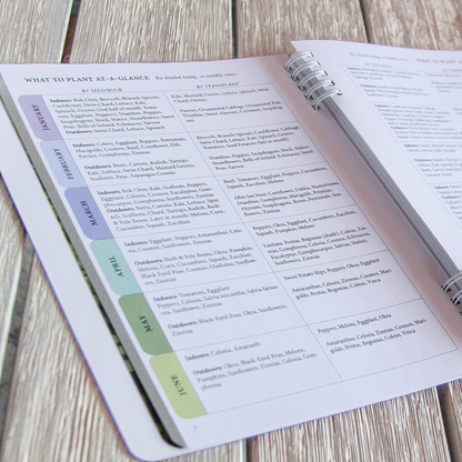 Open Texas garden planner with gardening schedule on a wooden surface