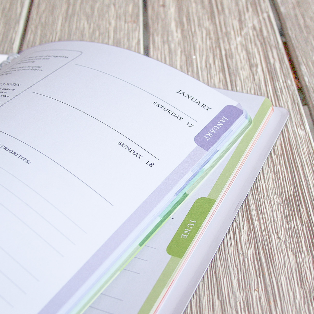 A close-up of the color-coded months inside the North Texas Garden Planner. 